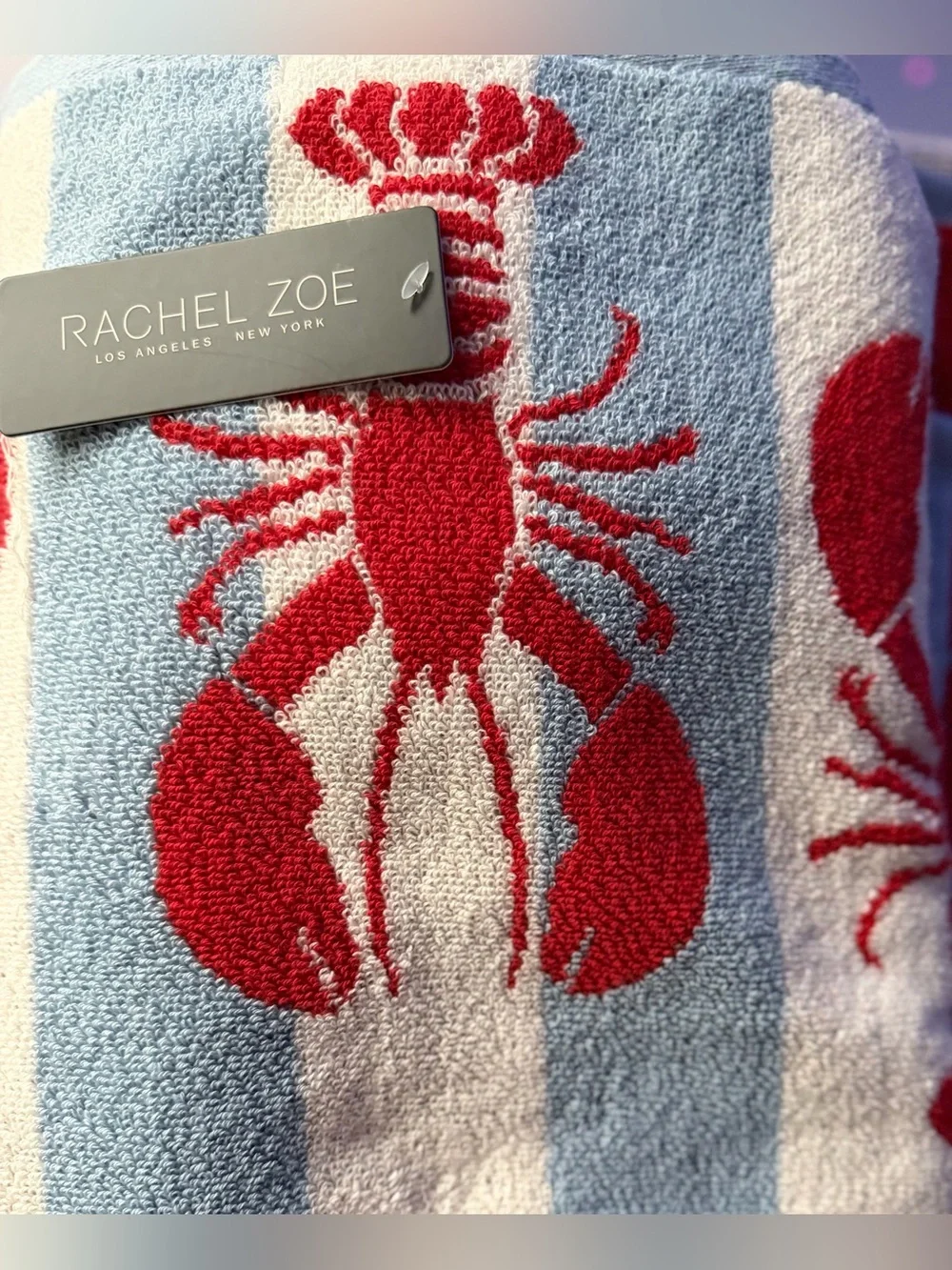 RACHEL ZOE REVERSIBLE BLUE WHITE STRIPED RED LOBSTER BEACH TOWEL 40”x70” NWT